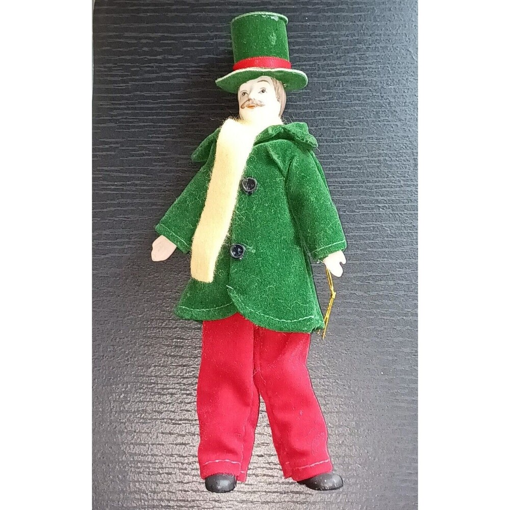 Victorian Green Red Velvet Clothes Top Hat Porcelain Man Male Vintage Ornament